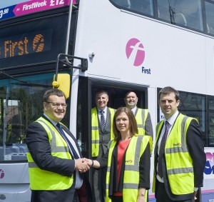 First Bus has extended a fleet agreement with Bridgestone for the supply of a range of premium tires  in different UK regions, predominantly Yorkshire and the south west. The deal covers around 40 percent of the overall the operator’s fleet. Caption: Bridgestone’s field operations business manager Justin Mason and First Bus head of engineering improvements Ian Robinson look on as Bridgestone’s commercial sales director Greg Ward (front left) agrees a new fleet deal with First Bus’s procurement manager Andrea Clegg and technical projects manager James Blackshaw.