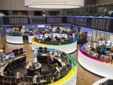 Frankfurt Stock Exchange decorated with coloured plastic cups made to mark the Covestro shares' trading