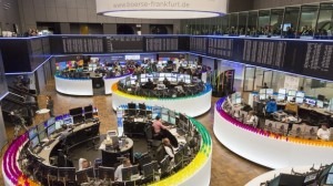  Frankfurt Stock Exchange decorated with coloured plastic cups made to mark the Covestro shares' trading