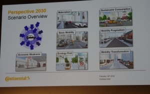 He listed seven scenarios that an expert-led project at Continental had arrived at: Economic weakness; Materialism; Basic mobility; Ecology first; Sustainable consumption; Mobility pragmatism; and Mobility transformation.