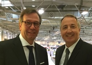  Michael Johannes, vice president of Messe Frankfurt Exhibition GmbH with Oliver Kuhrt, CEO of Messe Essen, at Reifen 2016 in Essen