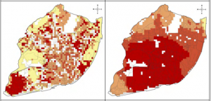  Access with the current public transport system  (left) and with an on-demand shared mobility solution (right) (Red indicates good access, light yellow poor access)
