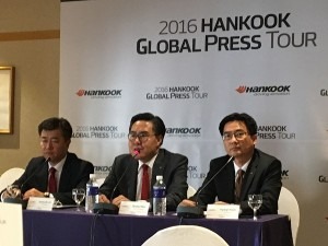  From left to right: Hankook global marketing VP Seung Bin Lim, senior VP and head of global OE division Bryan Woo and general manager corporate communications Steve Yoon taking part in 2016 press event