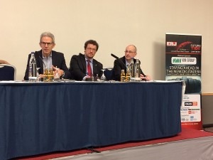  Discussion panel on technology at plants: from left: Marco Spinetto-Pirelli, strategic innovation, R&amp;D, Pirelli Tyre SpA; David Anckaert, EMEA OE product development, Goodyear Dunlop and David Shaw chief executive, Tire Industry Research