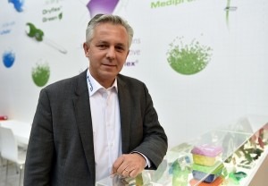  Peter Ryzko, managing director of Hexpol TPE GmbH, at Fakuma. The company is adding TPU production in Germany. Photo: Caroline Seidel