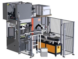  The MTF 1500/280 hydraulic vertical machine in combination with automated moulded parts extraction and systems for subsequent processing, upgraded to a fully automatic production cell.