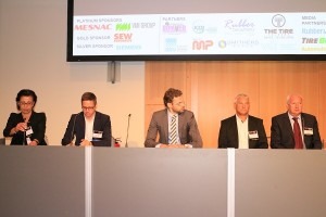  From left Malika Amamra, Daniel Geider, Erwin Zweers, Guido Veit and Karol Vanko take part in Future Tire Conference panel discussion