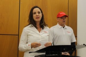  Cara Adams, chief engineer for Bridgestone Americas Motorsports, and Al Unser Jr. announce plans to build a race tire facility in Akron